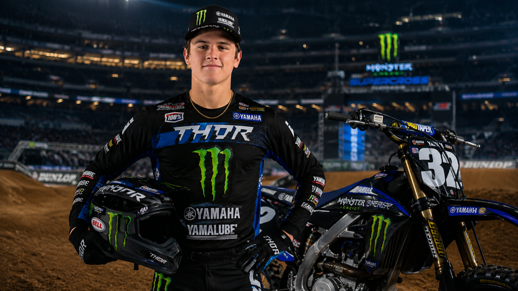 Haiden Deegan standing in front of his Yamaha dirt bike in full motocross riding kit