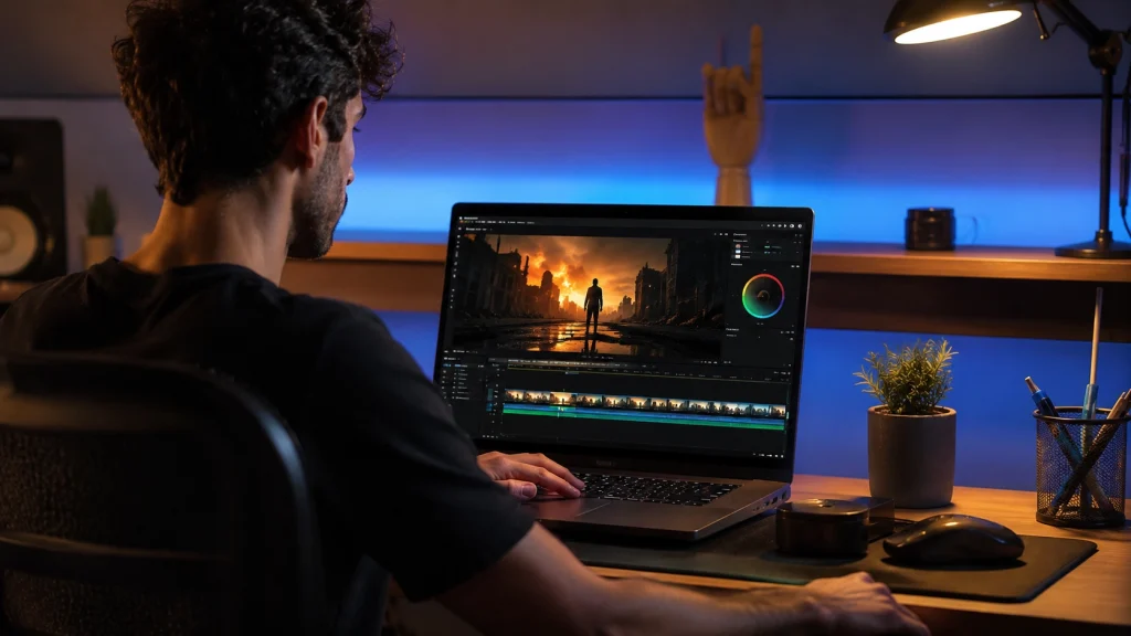 Creator using an AI movie trailer generator on a laptop with a cinematic trailer on screen