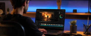 Creator using an AI movie trailer generator on a laptop with a cinematic trailer on screen
