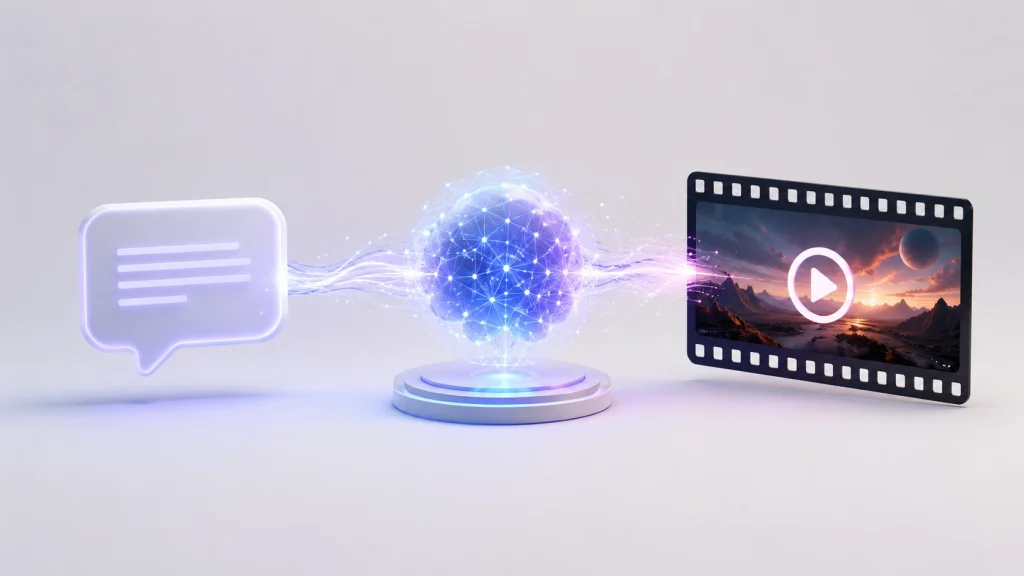 Diagram of how an AI movie trailer generator turns a text prompt into a cinematic video